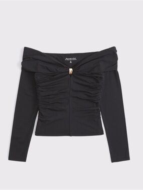 Abercrombie & Fitch Black Off-The-Shoulder Long-Sleeve Hardware Top
